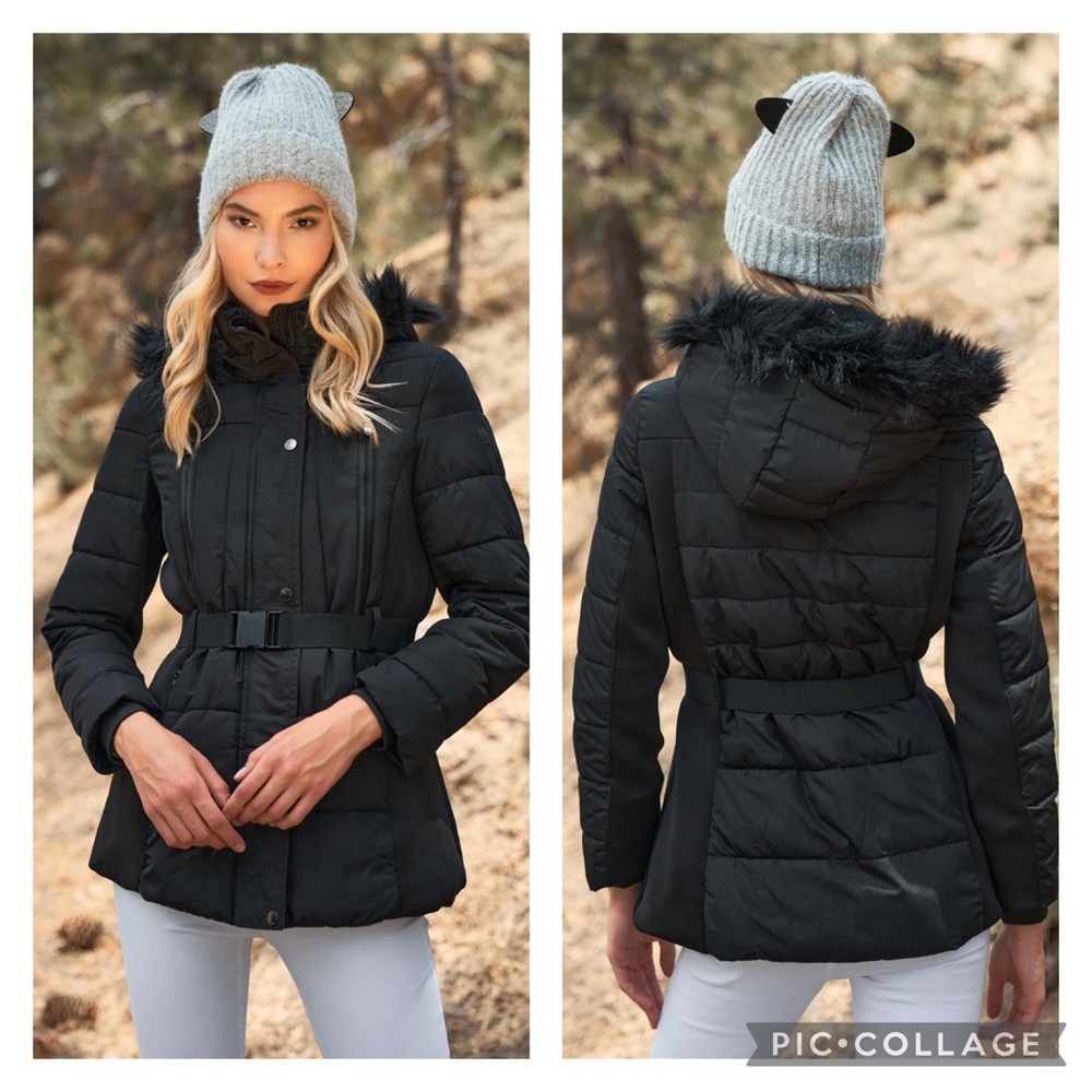 Black Faux Fur Harness Buckle Belt Detail Puffer Jacket